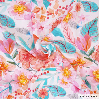 Viscose - bloemen - roze en petrol - Katia Fabrics