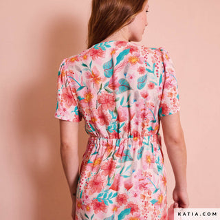 Viscose - bloemen - roze en petrol - Katia Fabrics