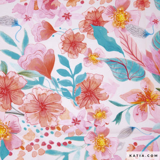 Viscose - bloemen - roze en petrol - Katia Fabrics