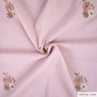 Double gauze - geborduurd - roze - Katia Fabrics